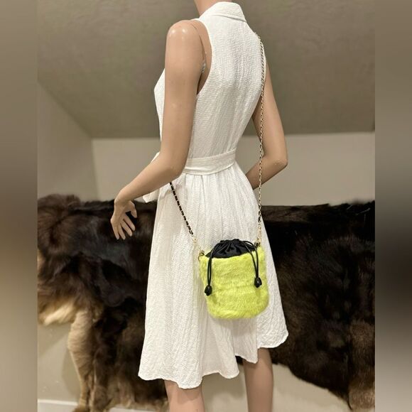 Handmade Lime Green Genuine Mink Fur & Drawstring Bucket Bag/Crossbody - Picture 5 of 15